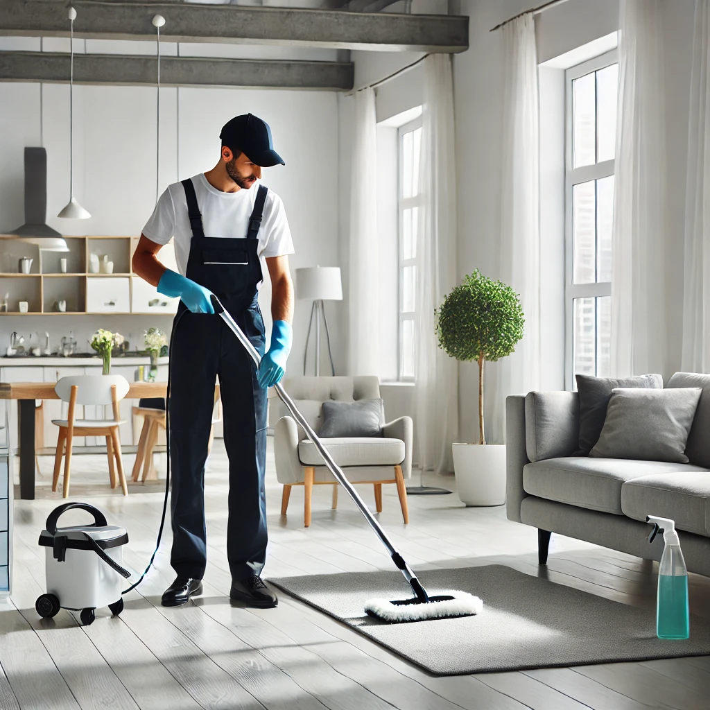 A professional cleaner in uniform, using advanced cleaning equipment, cleaning a modern living room. The room is bright and tidy, with large windows