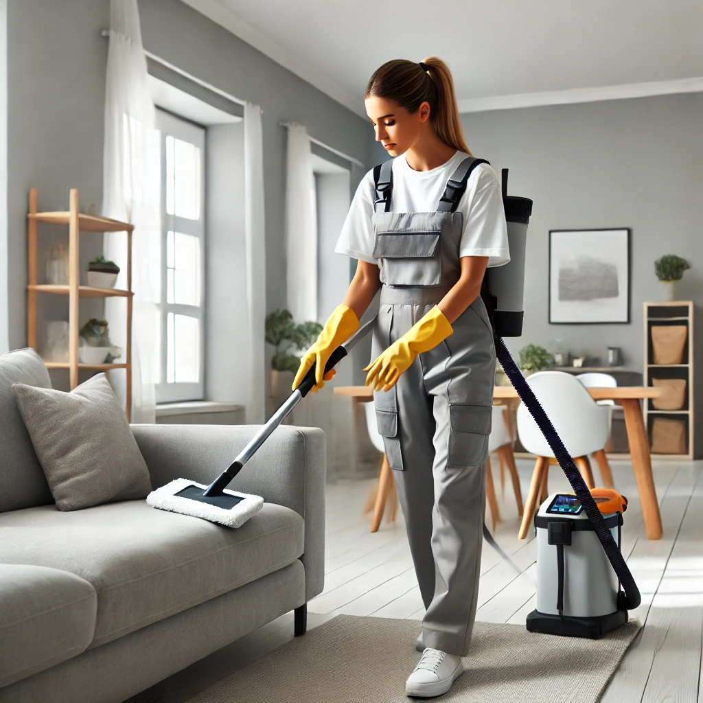 A professional female cleaner in uniform, using advanced cleaning equipment, dusting a modern living room. The room is bright and tidy, with large windows