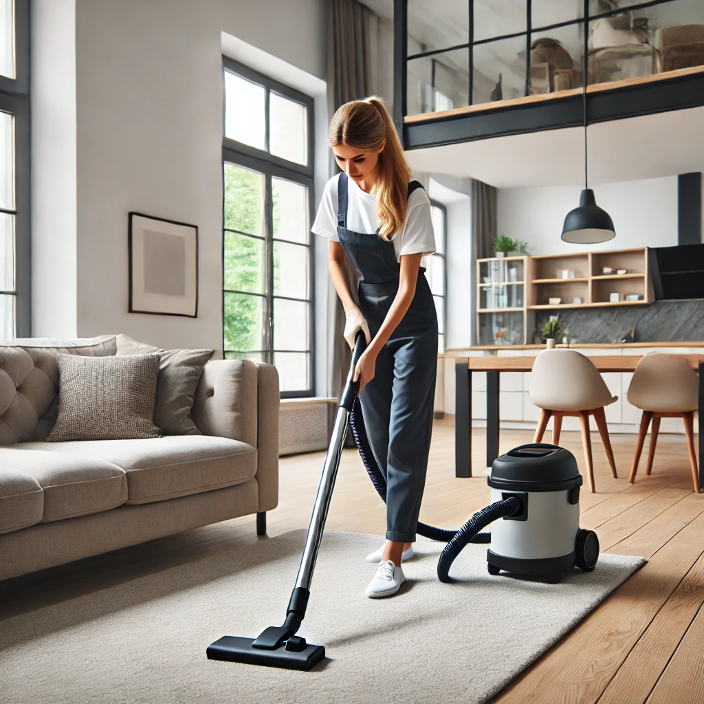 A female cleaner in uniform, vacuuming a carpet in a modern living room. The room is bright and tidy, with large windows and minimalistic furniture.