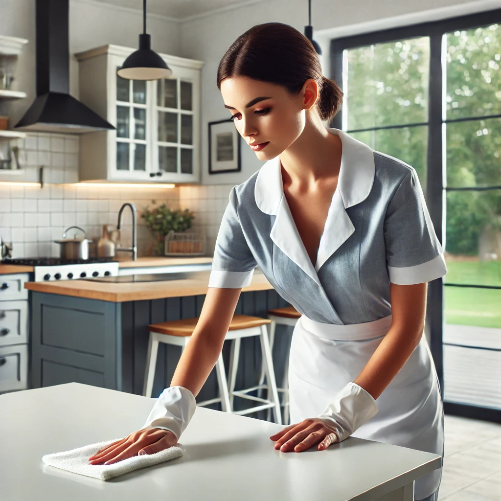 A female cleaner in uniform, wiping a table in a modern, bright kitchen. The kitchen is minimalistic with clean lines and large windows. The cleaner