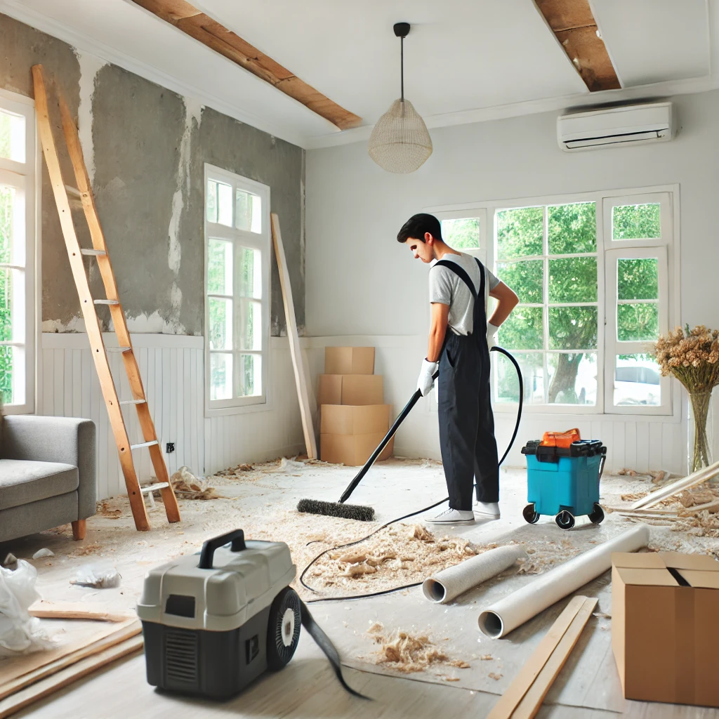 A cleaner removing construction debris in a room post-renovation. The room is bright with signs of recent renovation like new paint and some construct