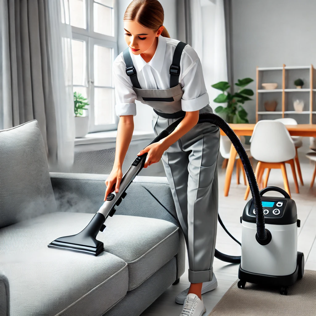 A female cleaner in uniform, using a steam cleaner on a sofa in a modern living room. The room is bright, tidy, and minimalistic with large windows.