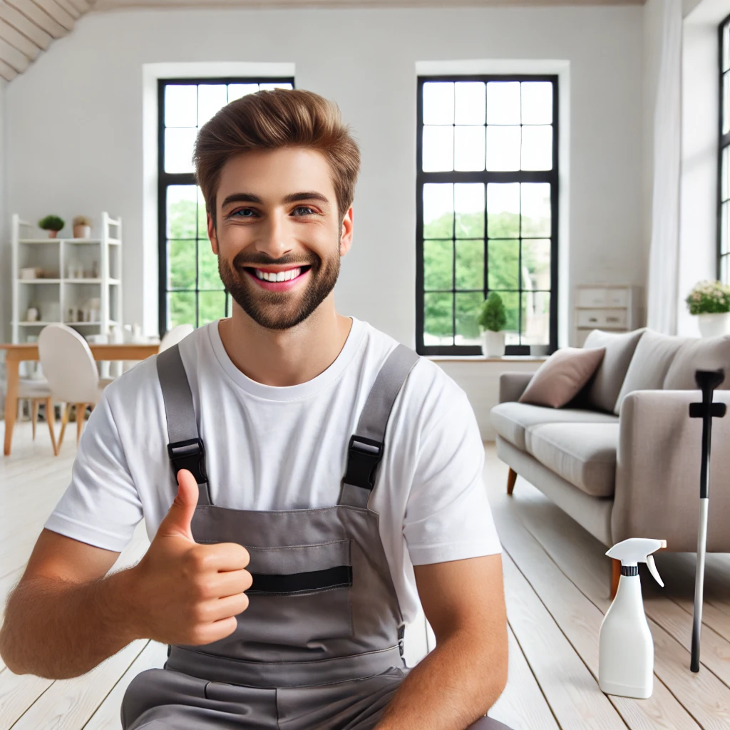 A happy client in a clean, modern living room, smiling and giving a thumbs-up. The room is bright, tidy, and welcoming, with large windows and minimal